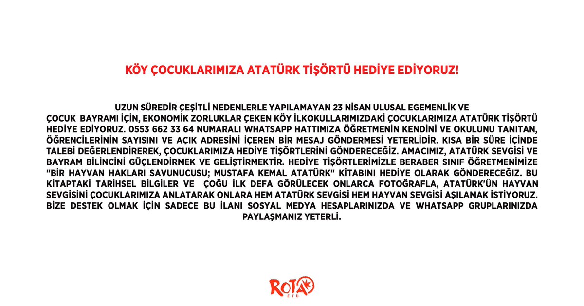 rotaetu's tweet photo. TED Koleji öğrencileri tarafından 23 Nisan Ulusal Egemenlik ve Çocuk Bayramı için, ekonomik zorluk çeken köy okullarımızdaki çocuklarımıza Atatürk tişörtü hediye edildiği bu anlamlı kampanya için tüm duyarlı öğrencileri ROTA ETÜ ailesi olarak tebrik ediyor ve destekliyoruz. 👏🏻👏🏻 https://t.co/Ns8WHPKixu