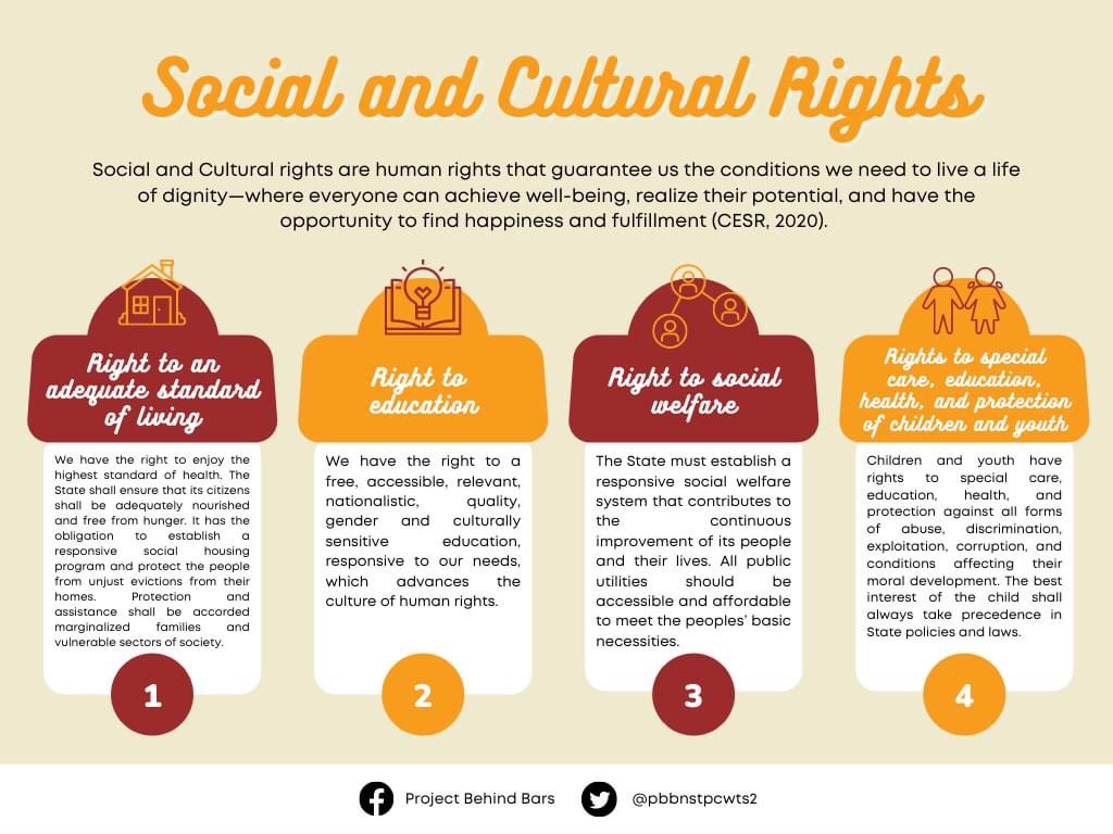 pbbnstpcwts2's tweet photo. "To deny people their human rights is to challenge their very humanity." - N. Mandela
Let us learn about SOCIAL and CULTURAL RIGHTS with the infographics below.
Educating oneself allows the mind to realize that there is plenty left to learn.
#ChooseToBeRIGHT
#ProjectBehindBars https://t.co/L5bH4IYrRe