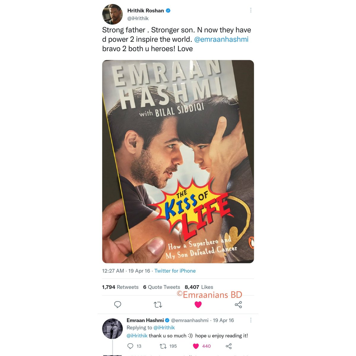 EmraaniansBD's tweet photo. #Throwback to 2016,
Some of the bollywood actors who loved and supported @emraanhashmi's book #TheKissOfLife.💙
.
.
.
.
.
@akshaykumar @BeingSalmanKhan @iamsrk @iHrithik #WorldBookDay #EmraanHashmi #AkshayKumar #SalmanKhan #ShahRukhKhan #HrithikRoshan #EmraaniansBD https://t.co/NJ1d0essaS