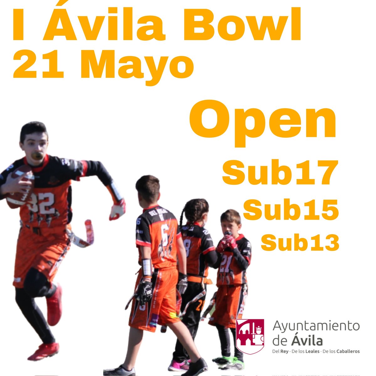 🔥 NOTICIÓN 🔥
El próximo 21 de Mayo, tendremos nuestro primer torneo 🇪🇸 Nacional de 🏈 #FlagFootball en #Ávila.

Tenemos plazas libres en 
-Sub13
-Sub15
-Sub17

¿Quieres que tu club participe?
‼️Te esperamos ‼️

📣SE AGRADECE RT📣

#BeAOrange