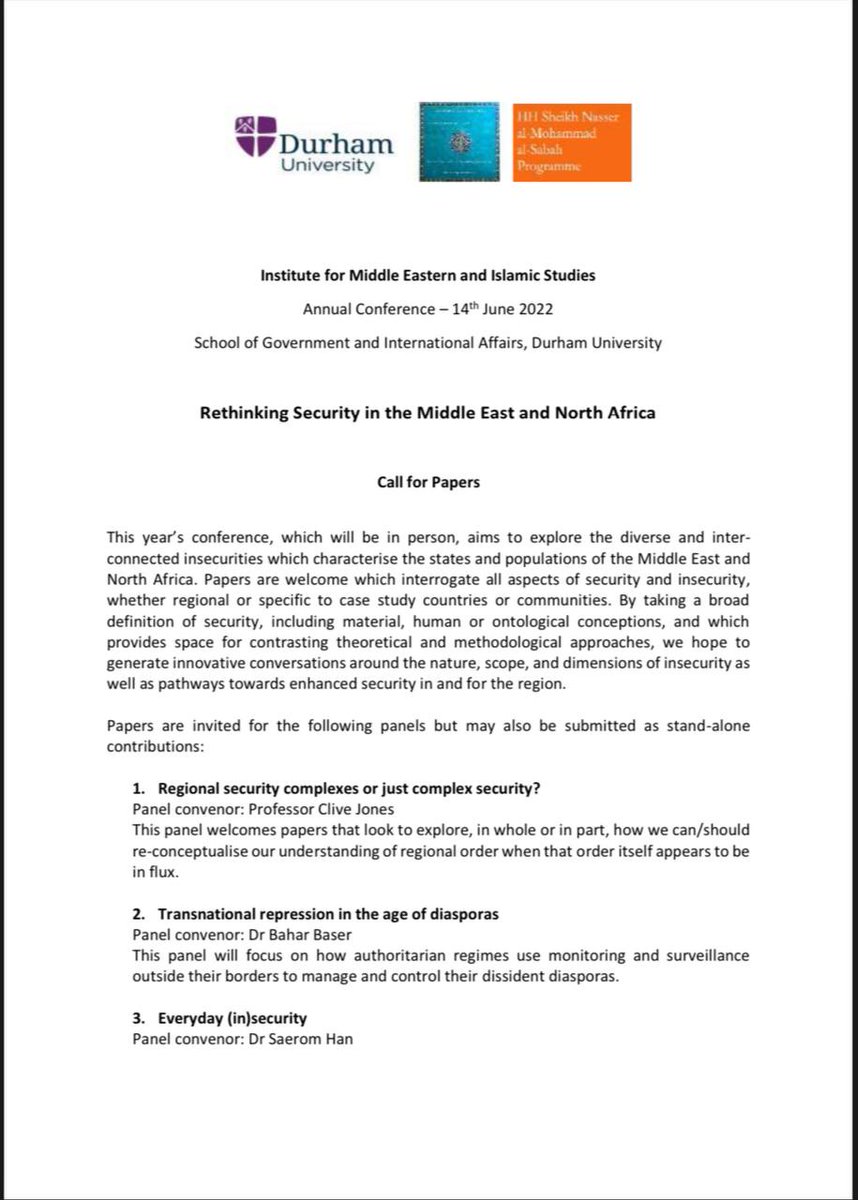 researchbanu's tweet photo. There is still some time left for those interested in submitting an abstract for the #IMEIS annual conference.
Rethinking Security in the Middle East and North Africa https://t.co/Rt6bovAPaJ
