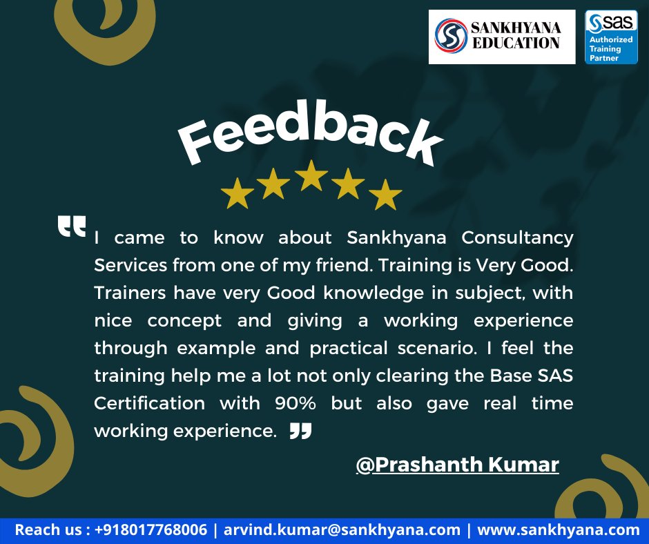 sankhayana's tweet image. Thank you for the kind words! It always makes our day to hear that people like you enjoy our training program.
Join our training Program: lnkd.in/dccXh9wj
Reach us:+918017768006,
arvind.kumar@sankhyana.com,sankhyana.com
#SASATC #DataAnalytics #Analytics #people