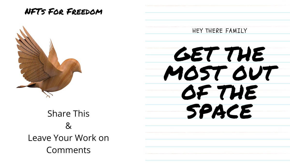 Want the most out of the current space?

✅Share this space with a few friends
✅Leave a link to your work in the comments
✅Join Our Discord &amp; Other communities - nftsforfreedom.com/links

☑️We're minting now - nftsforfreedom.com
☑️Activate Your NFT 
#nftsforfreedom