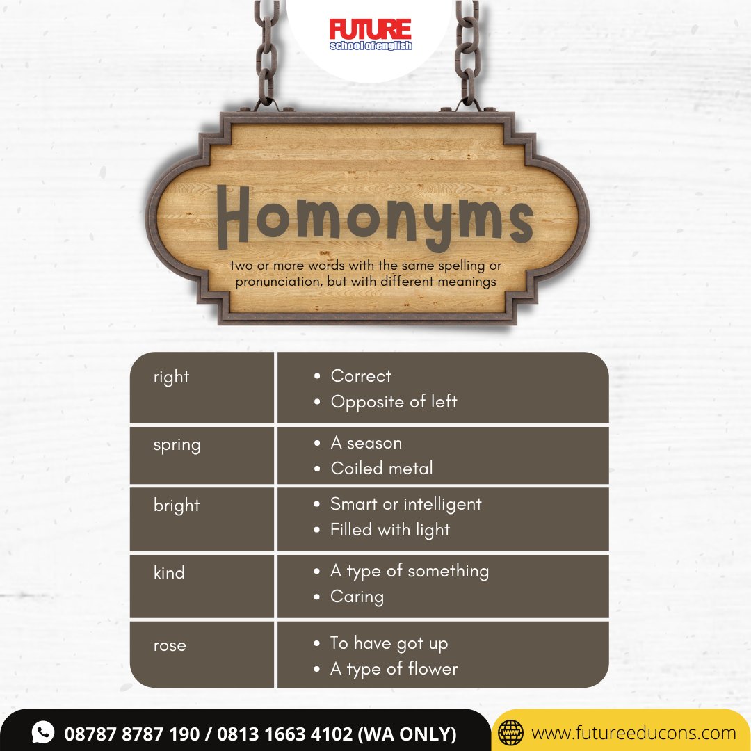 FUTUREsoe2022's tweet image. Masih ingat dengan materi ini?? Gabung yuk ke kelas grammar kami, dan dapatkan promo terbatas bulan ini! #homonyms #vocabulary #grammarstudy