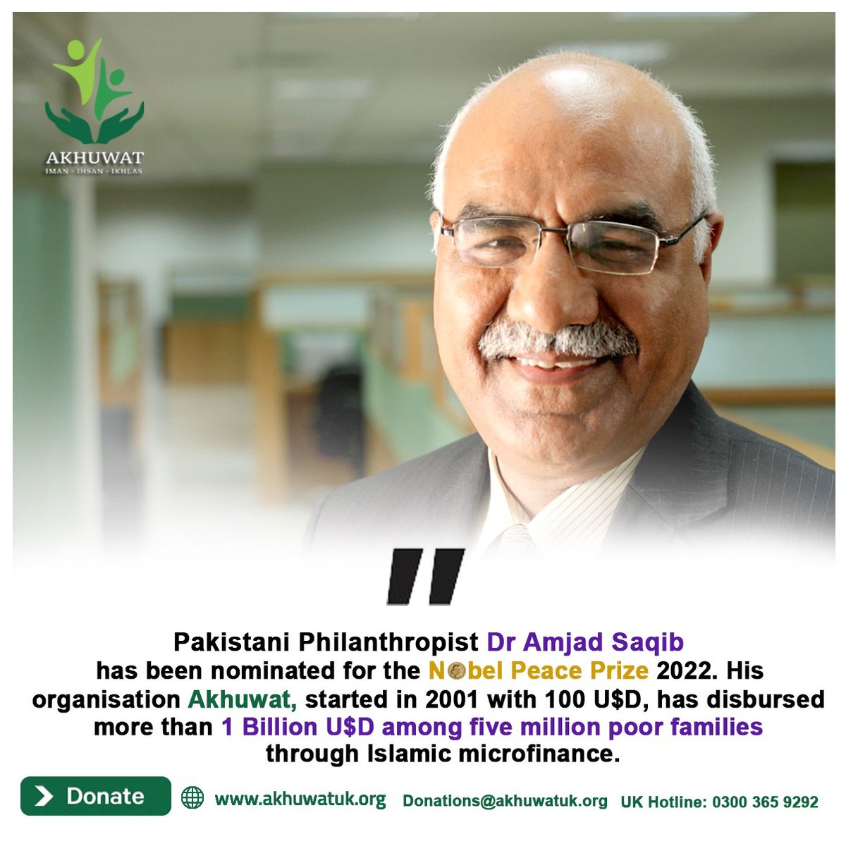 RoshaneyS's tweet photo. Another proud moment for All the Pakistanis. #DrAmjadSaqib nominated for #NobelPeacePrize .  Humanity over everything! #Akhuwat https://t.co/KqEZBtKEsB