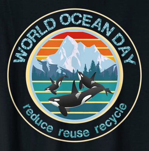 World Ocean Day #ReduceReuseRecycle Orcas and beautiful Mountains, keep our planet clean, clean the seas, save our Oceans, celebrate #OceanDay and #EarthDay every day #Amazon #AmazonPrime shirts sweatshirts phone cases bags pillows amazon.com/dp/B09YMMWKK8