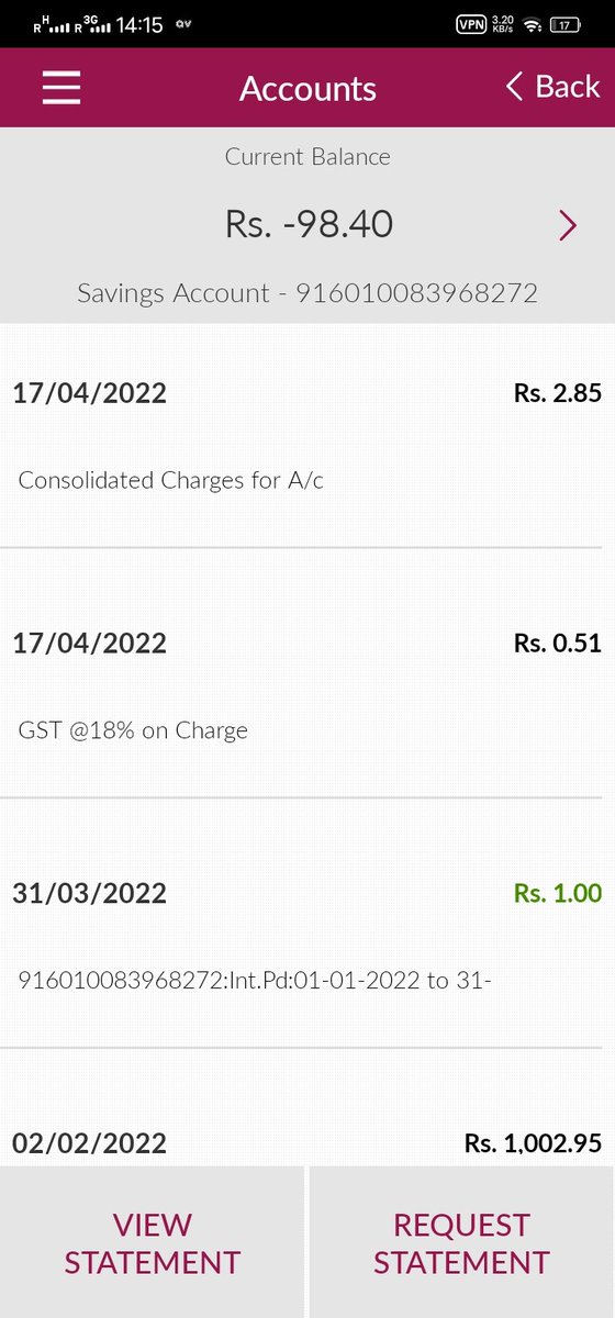 Dear, Axis Bank team this is my salary account. And I don't even have ATM card. Still my balance not only deducted it's goes in -98 mines plzz look and resolved my issue ASAP. thanks/regard @AxisBank @AxisBankSupport @RBI #AxisBank