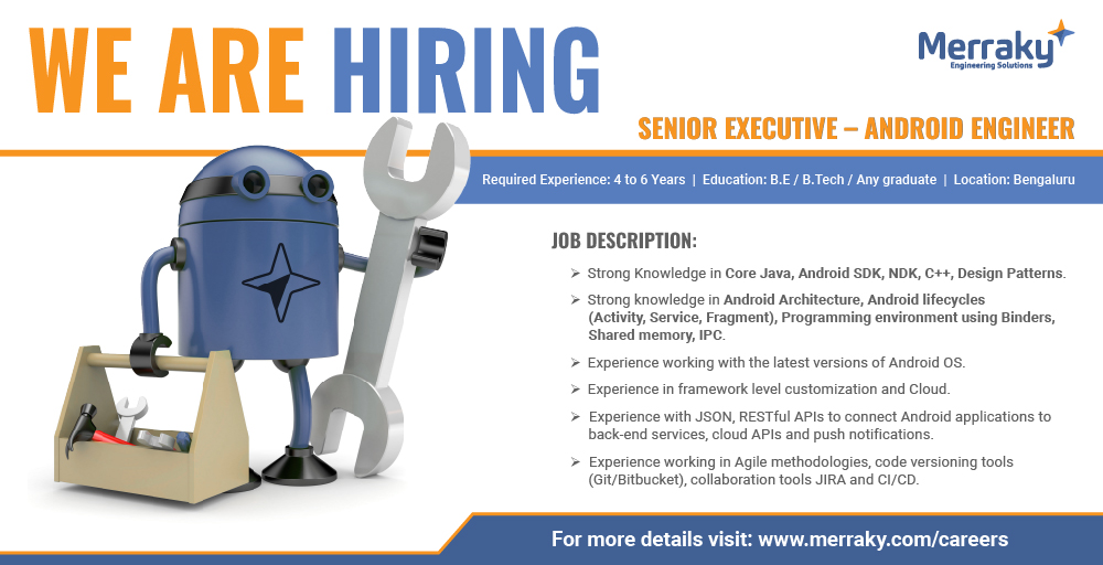 MerrakyEngg's tweet photo. Merraky is Hiring!!!
Position: Senior Executive – Android Engineer

Comment if interested and like the post for better reach.
Apply Link: https://t.co/CAquxeLN5x

#Merraky #Hiring #Android #C++ #CoreJava #NDK #AndroidOS https://t.co/6jJutRgDAQ