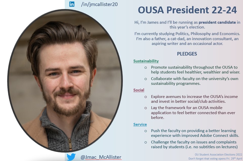 JMac_McAllister's tweet photo. Every Saturday until the 14th May, I'll be going live on TikTok at 9pm to discuss my manifesto and how the #OUStudentsAssociatiom can work for you.

Join us tonight as we keep the #EarthDay2022 vibe going as we discuss my sustainability pledges!

#OUElections #OUStudents https://t.co/iy80H9Umm4