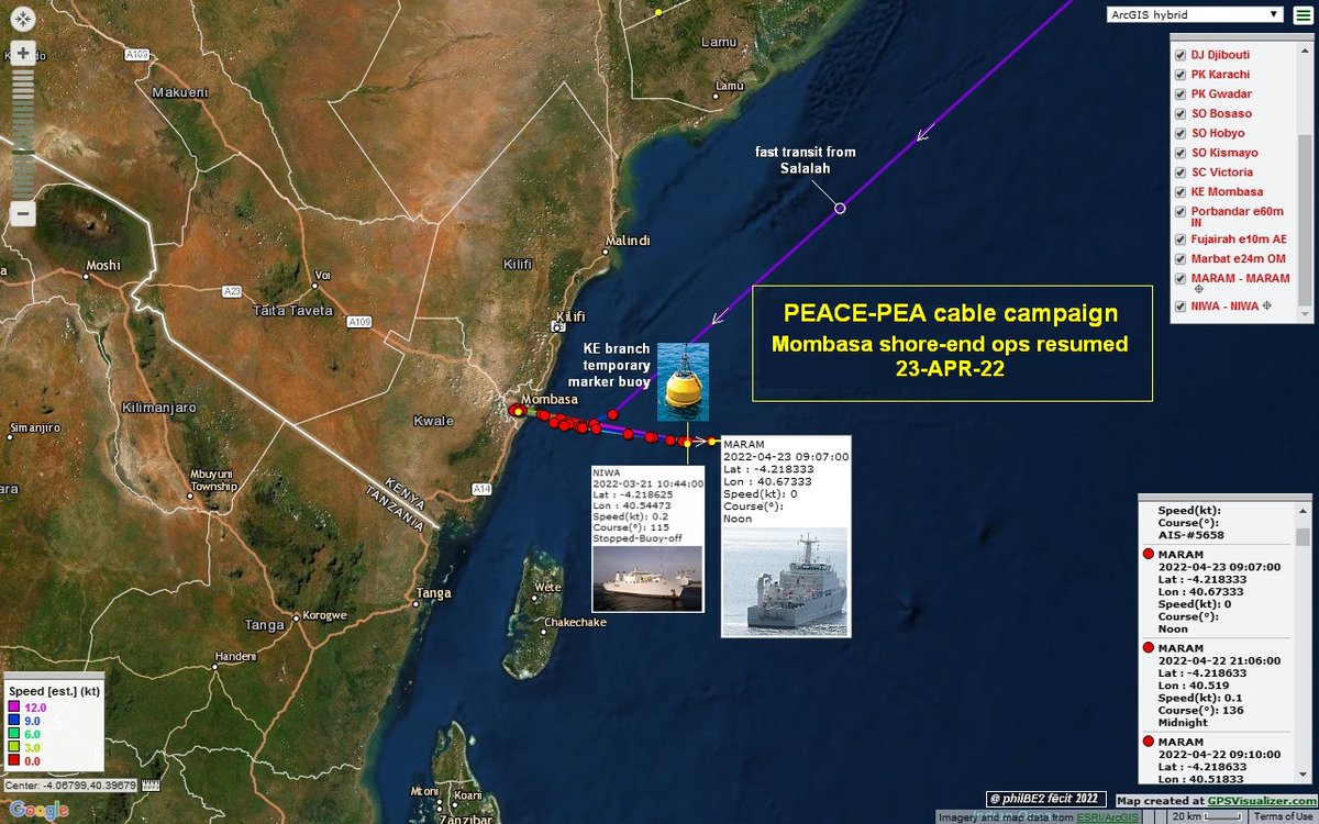 philBE2's tweet photo. 23APR22 PEACE-PEA shore-end landing ๐ฐ๐ช Mombasa
๐ฆ๐ชCS๐ข MARAM, transiting from ๐ฆ๐ชSalalah home port,
reached ๐ฐ๐ชMombasa, currently resuming deployment of
PEACE shore-end wherefrom ๐ฆ๐ชCS๐ข NIWA left off last month
@Emarine_pjsc @PCCWglobal @TelkomKenya @MOICTKenya #PEACEcable https://t.co/TP3ucPLukD