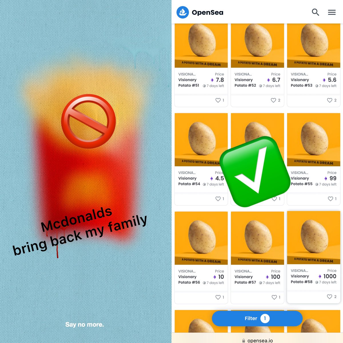 NFT Visionary Potato (@visionarypotato) on Twitter photo I am a potato with an #NFT collection who will take revenge for all family members misused by <a href="/McDonalds/">McDonald's</a>
for all the potatoes we lost, for all the potatoes we’ll still lose in the future, let's be great again.. because I AM A POTATO WITH A DREAM #NFTpotato I am a potato with an #NFT collection who will take revenge for all family members misused by <a href="/McDonalds/">McDonald's</a>
for all the potatoes we lost, for all the potatoes we’ll still lose in the future, let's be great again.. because I AM A POTATO WITH A DREAM #NFTpotato