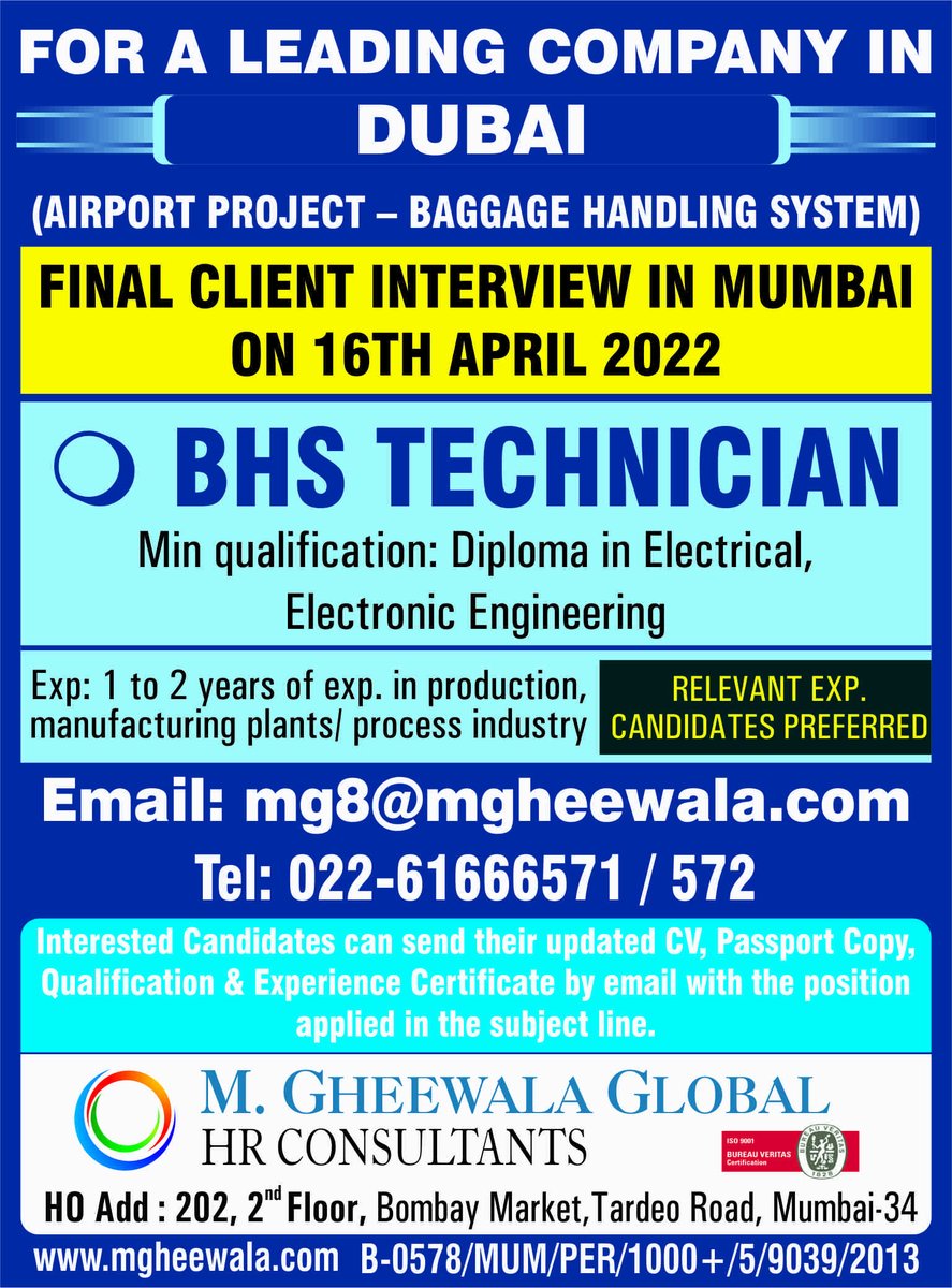 Job Vacancies in #dubai 

Interested Candidates can send us the updated resume at mg8@mgheewala.com

Learn More
mgheewala.com

#dubaijobs #jobopportunity #jobopening #dubai #electricaltechnician #bhstechnician #airportproject #baggagehandlingsystem #hiring