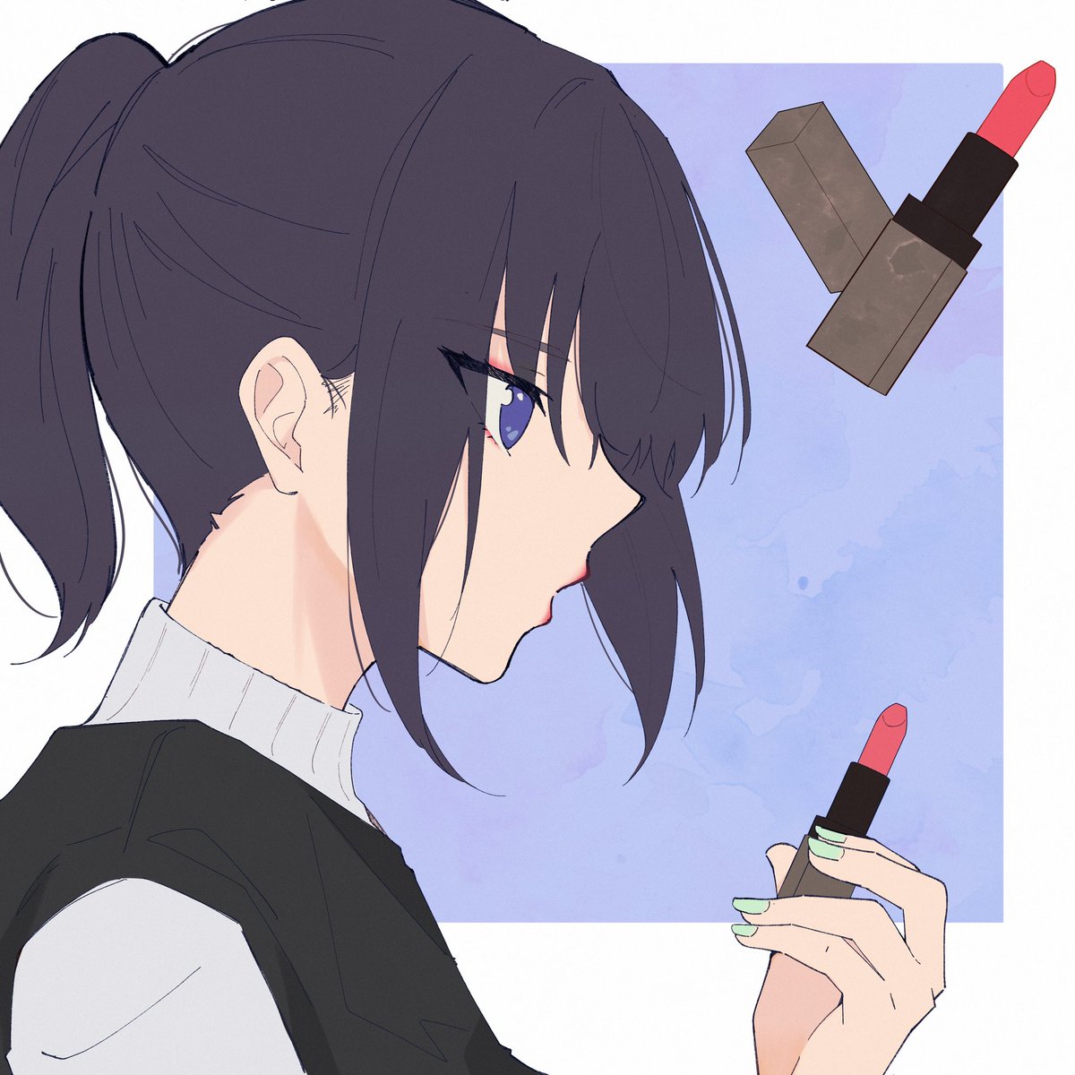 1girl solo ponytail cosmetics black hair lipstick tube blue eyes  illustration images