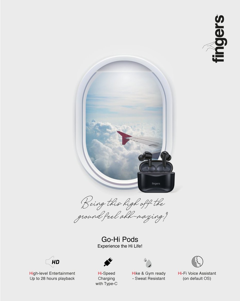 FingersIndia's tweet photo. Experience the Hi-Life with #FINGERS Go-Hi Pods - The perfect companion to hinge on life’s adventures 🎵
⬆️Hi-Definition Audio
⬆️Hi-Speed Charging
⬆️Hi-Fi Voice Assistant
⬆️Highly Addictive Comfort
#TWSEarbuds #SummerTravelEssentials #MusicMood #Vacation #WeekendVibes https://t.co/QeeSab9HS3