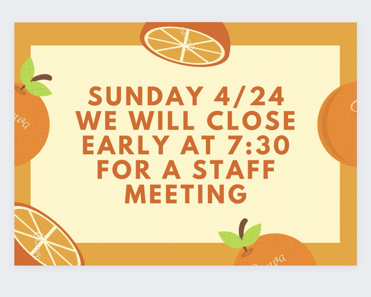 PulpMayfield's tweet image. Tomorrow we will be closing early for a staff meeting. Sorry for any inconvenience!