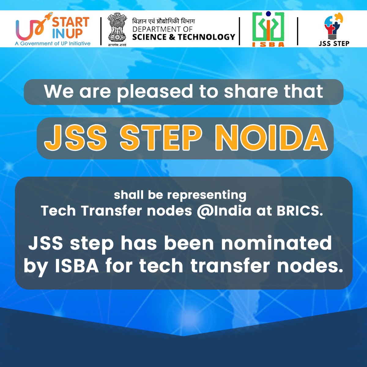UPStartuppolicy's tweet photo. Hi everyone! 

#StartInUP is glad to announce that @NoidaStep shall be representing Tech Transfer nodes India at BRICS. 

JSS Step was nominated by ISBA for this initiative.

#BRICS #JSSstep #startups #incubator #business #tech 
@IndiaDST @InfoDeptUP https://t.co/shcY7p8UdQ