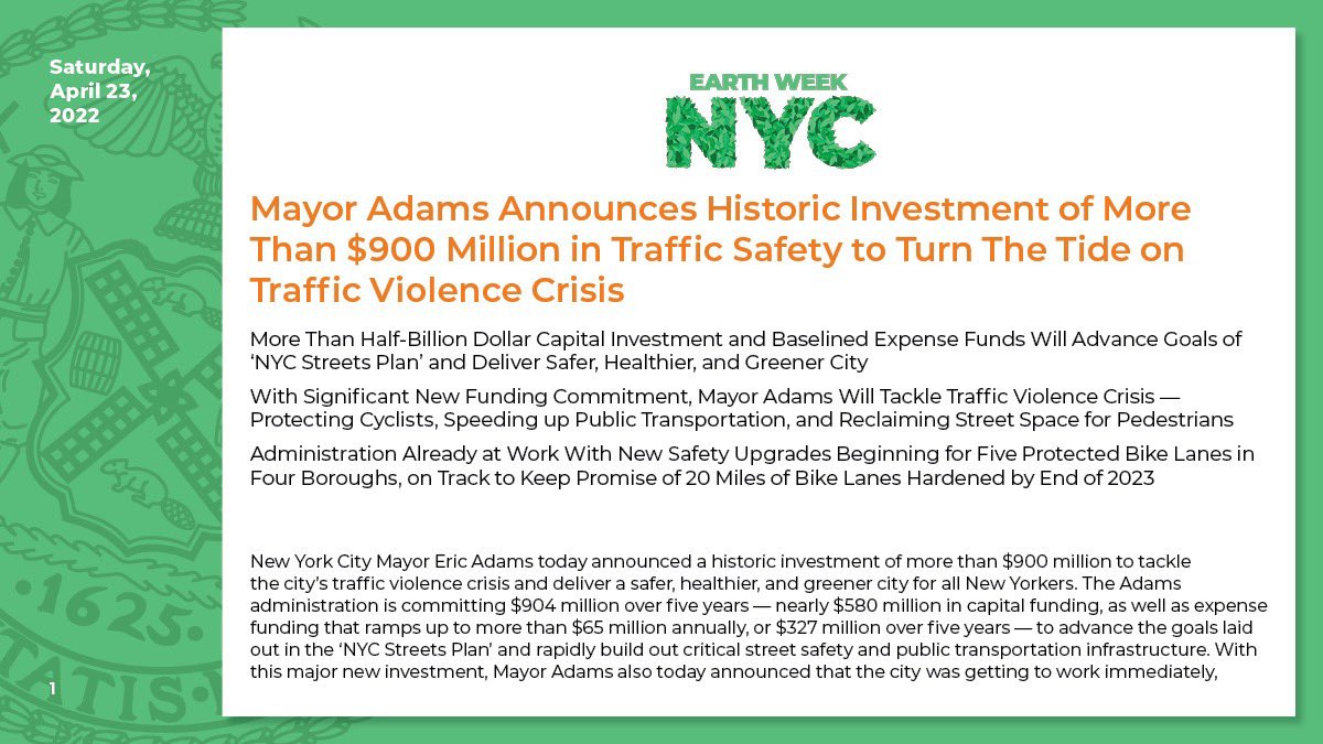 nycgov's tweet photo. .@NYCMayor announces an historic investment of more than $900 million in traffic safety to turn the tide on the traffic violence crisis. #EarthDay 

Learn more: https://t.co/HyH0KqgQXN https://t.co/zmgEPWkjGB
