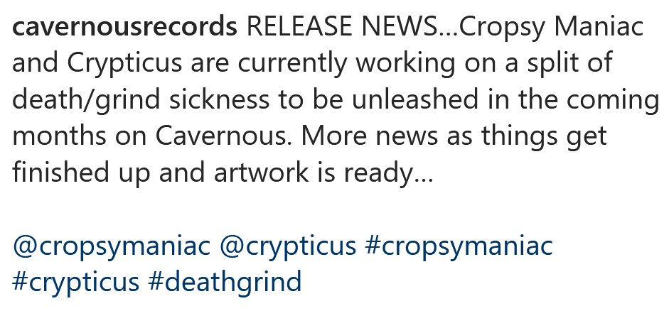 Crypticus's tweet photo. ...Apparently the cat is out of the bag.
#Crypticus #CropsyManiac #CavernousRecords https://t.co/sxGX4vWtIv