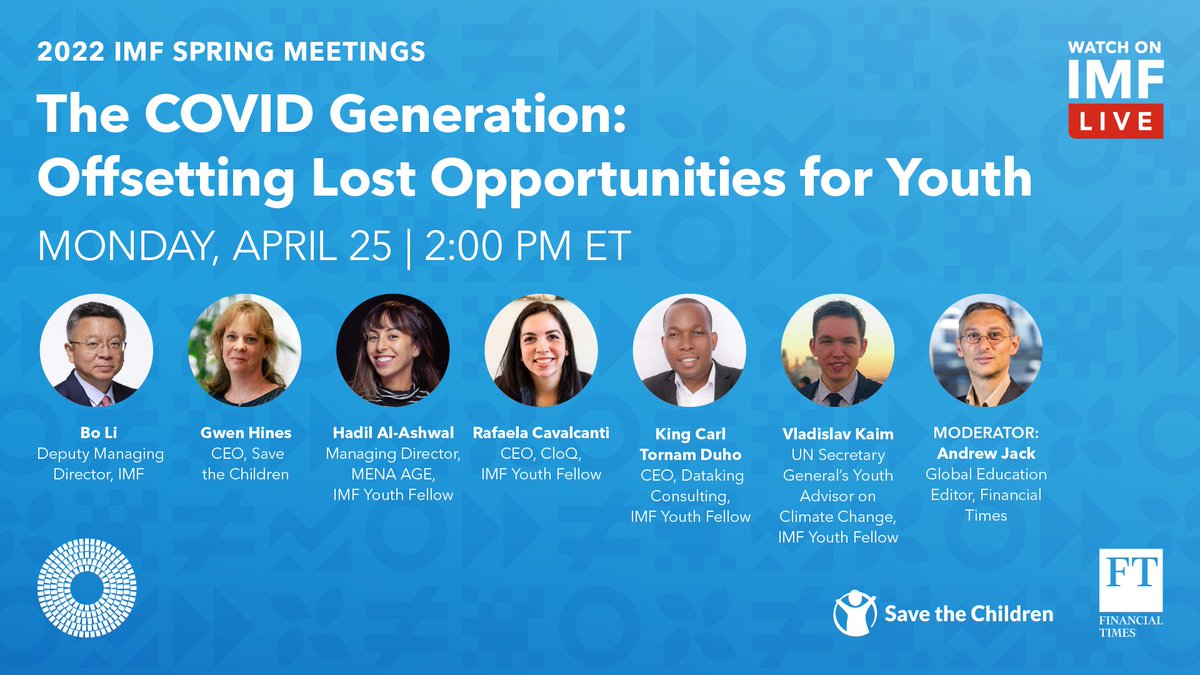 IMFNews's tweet image. What issues resonate with youth globally? Join Deputy Managing Director, Bo Li, Gwen Hines, FT’s Andrew Jack @AJack, and #IMFYouth Fellows as they discuss how to offset the economic impact of COVID and the war in Ukraine. April 25 at 2 PM ET. bit.ly/38jgwIo