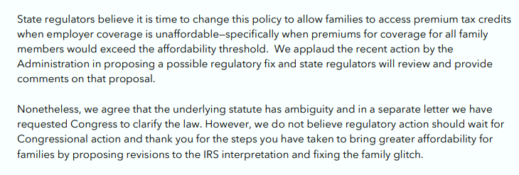Katie_Keith's tweet photo. Looks like @naic supports the proposed family glitch rule. In a letter to Treasury: "We applaud the recent action by the Administration in proposing a possible regulatory fix" and "we do not believe regulatory action should wait for Congressional action."

https://t.co/zMpCG0pqNy https://t.co/4m4TrHQqEX