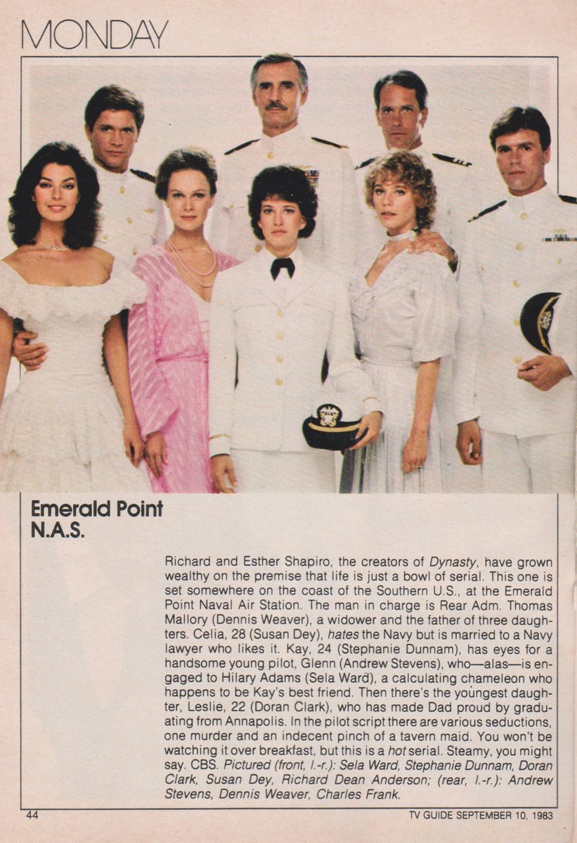 TVGFPI's tweet photo. EMERALD POINT N.A.S. 1983.
#EmeraldPointNAS #SelaWard #StephanieDunnam #DoranClark #SusanDey #RichardDeanAnderson #AndrewStevens #DennisWeaver #CharlesFrank #TVGuide https://t.co/N1pW3LdFZz