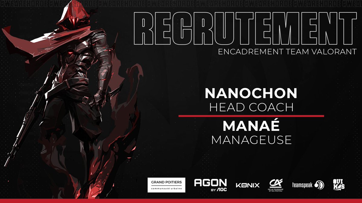 On ne peut pas annoncer notre nouvelle équipe Valorant sans annoncer toutes les personnes qui rendant ça possible ! 🤩

🔸Head Coach : <a href="/nanochon/">Nanochon</a> 
🔸Manageuse : @Manae_GG 

Merci à eux de tout le travail qu'ils font pour les joueurs ! 🙏#WeAreHorde