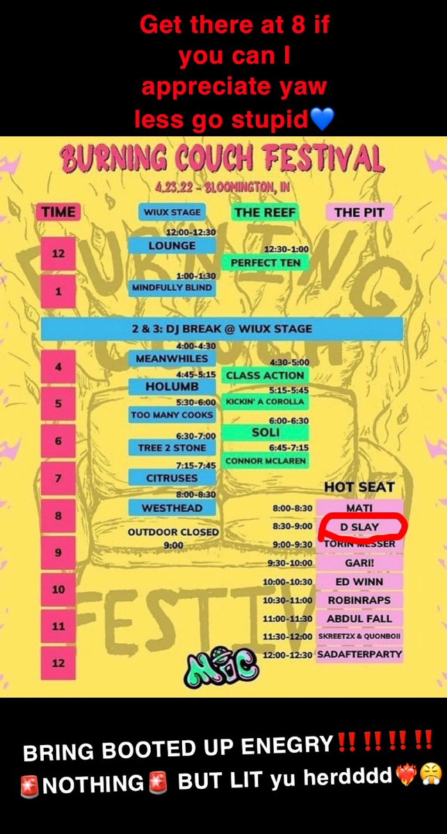 dslay2TG's tweet photo. 🚨TONIGHT AT 8:00-9:00🚨⬇️
Come turn up w me at the Burning Couch Festival tonight!!! Imma be perfoming a bunch of my hottest unreleased shit I been holding out on yaw so make sure you come LIT‼️‼️‼️😤BIG (positive) ENERGY or NO ENERGY😎💙 https://t.co/zYocgl5VL8