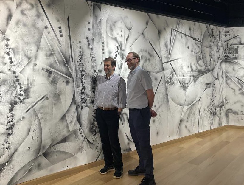 IanAndrewsArt's tweet photo. Great to welcome my collaborator @kostas_nikolop and @d_spathara to Point to Line to Particle @TheBeaconMuseum last day tomorrow!! #sketchbookcollider #sciart #scicoms #particlephysics #drawingprojectsuk https://t.co/qoKDjT1gZH
