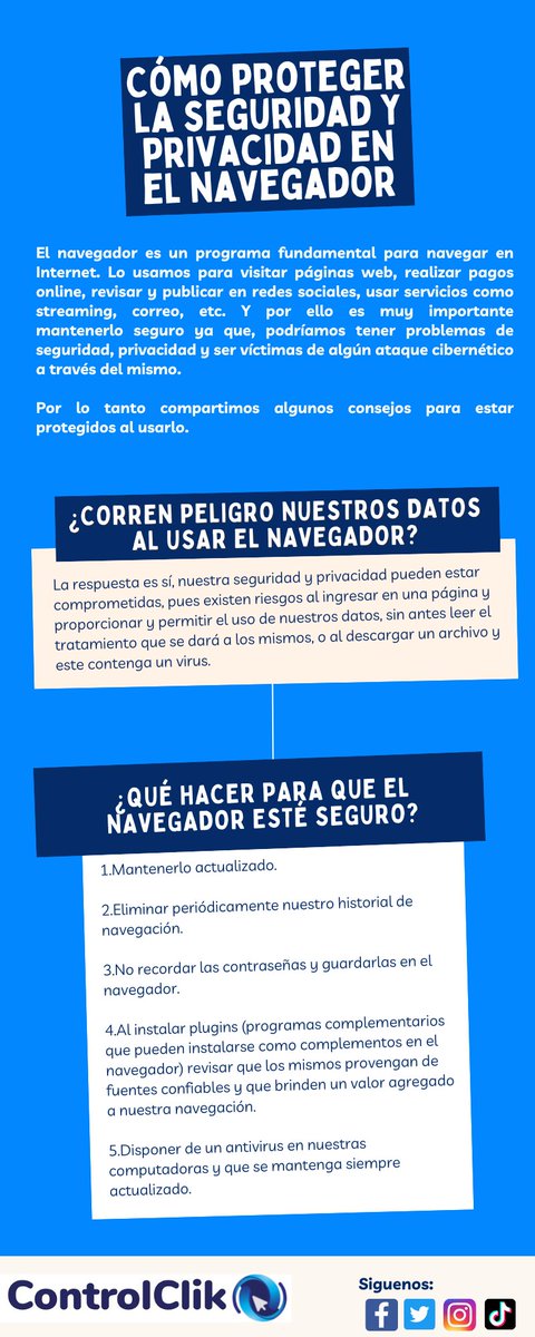 ControlClik's tweet photo. ¡Hola amigos! 🤓ya volvimos! y la siguiente infografía acerca de cómo proteger la #seguridad y #privacidad en sus #navegadores📱💻   #redessociales #NavegaSeguro #ciberseguridad #adolescentes #Ecuador #facebookpost #Twitter #instagram #tiktok #pc #celulares #internet https://t.co/fiBk18EGSv