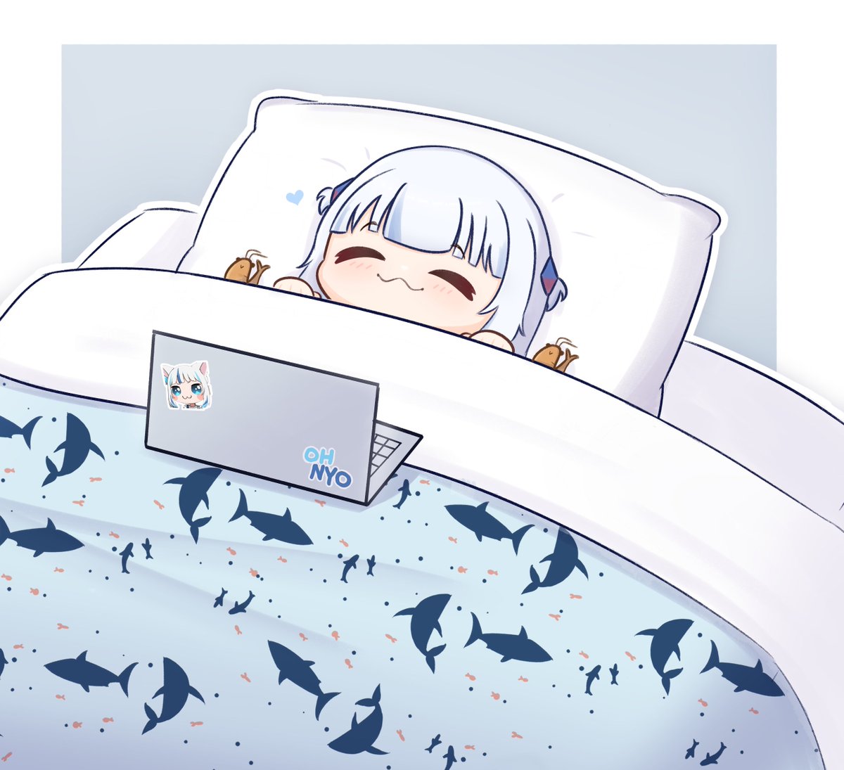 gawr gura 1girl pillow closed eyes :3 grey hair blue hair solo  illustration images