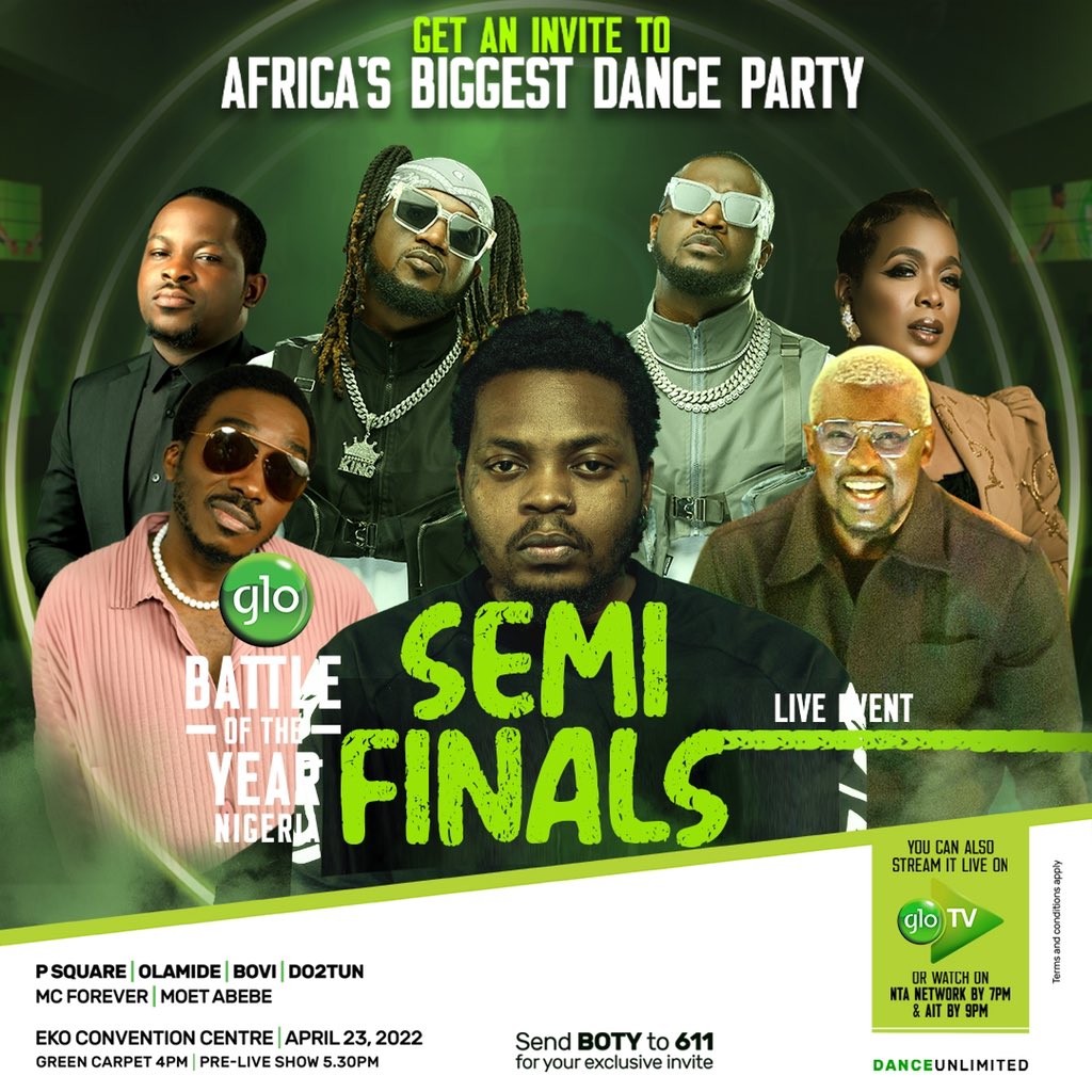 GloWorld's tweet photo. We are live!!!!

Watch live as we dance with the stars tonight.🔥🔥🔥

Our entertainers are ready, the atmosphere is charged. ⚡

Music, Dance, and Comedy. Nothing but Unlimited Entertainment.💚

#GloBattleOfTheYear https://t.co/cJ2swHiVSi