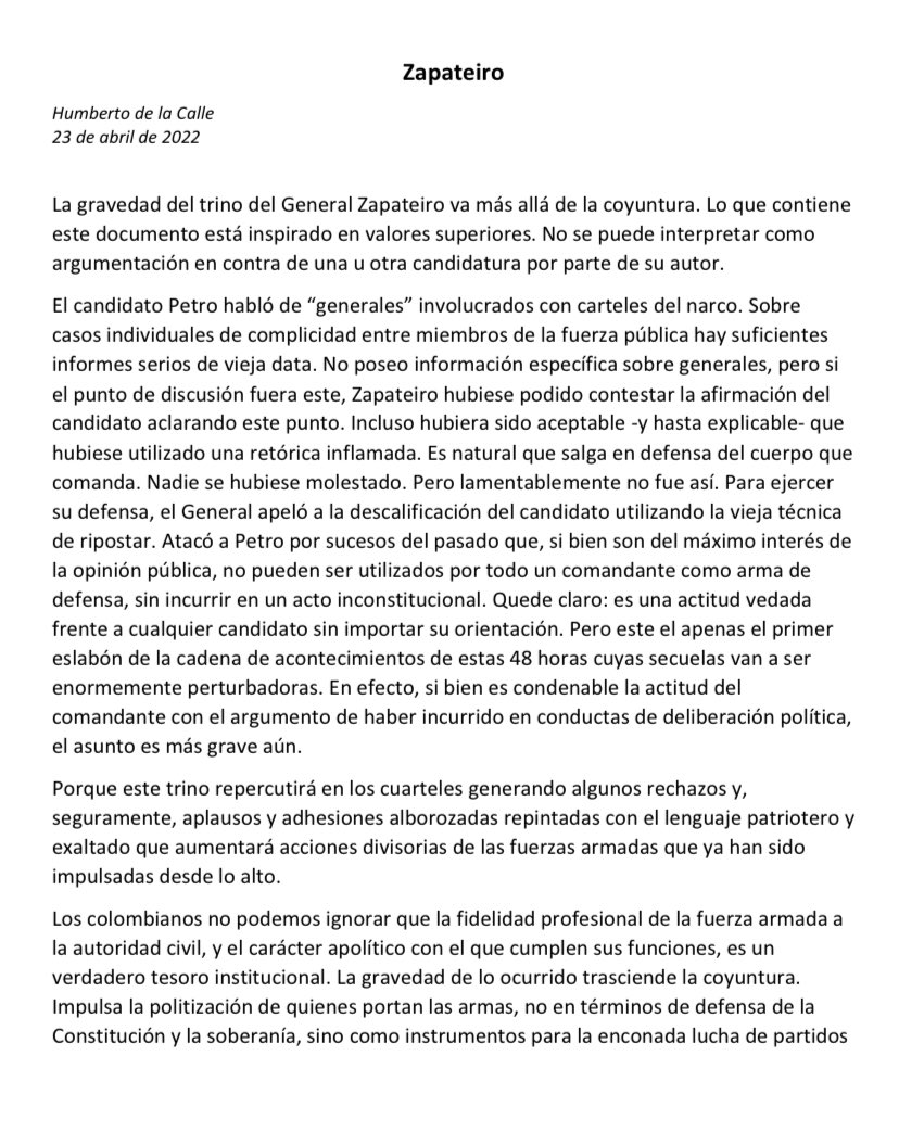 DeLaCalleHum's tweet photo. La gravedad del trino del General Zapateiro contra Petro va más allá de la coyuntura. Está impulsando la politización de quienes portan las armas, pero no para defender la Constitución y la soberanía, sino como instrumento de lucha de partidos. 

Mi reflexión 👇🏽 https://t.co/A16K0VtRUJ