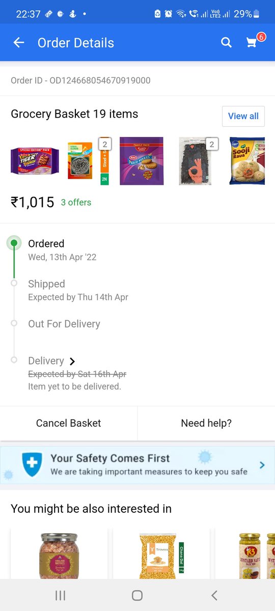 parminder9219's tweet photo. @Flipkart Hi

I have not received my order till i have called many times to custoemr care but no one takes it seriously 

I have order some gracery items pls check from 13 th April 2022 and till today shows the same status not shipped yet
Order ID - OD124668054670919000 https://t.co/JAP6TvMgH1