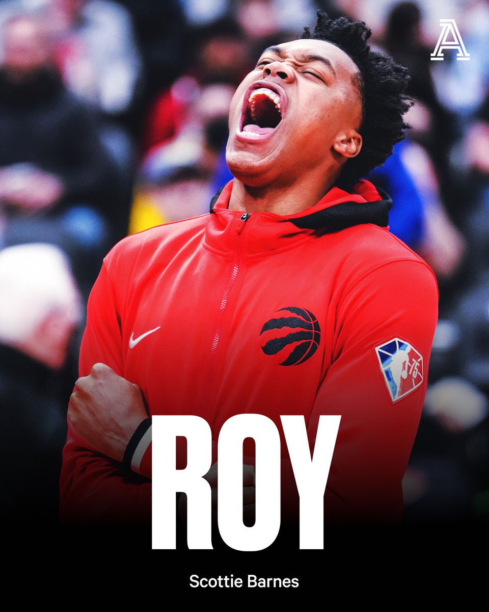 BREAKING — Scottie Barnes has been named NBA Rookie of the Year, sources tell <a href="/ShamsCharania/">Shams Charania</a>.

Barnes averaged 15.3 points and 7.5 rebounds on 49.2% shooting in his first season with the Raptors.