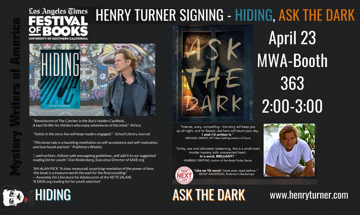 AskHenryTurner's tweet photo. FUN! See you at THE LA TIMES FESTIVAL OF BOOKS today 2-3PM - thanks for inviting me Mystery Writers of America #Mystery #thrillerbooks #MentalHealthMatters https://t.co/rdwrLOdpNx
