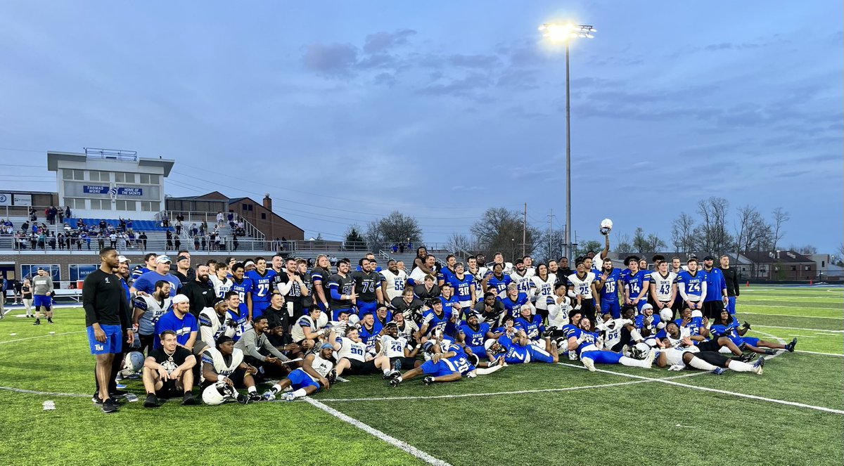 CoachNorwell's tweet photo. The inaugural Blue and White Spring Game was a big success. Unbelievable turnout to support our players and program!! Thanks to our parents for a great post game meal and our football alumni that came back!! 🔵⚪️🔵⚪️🏈™️#SaintsRising #HistoryMade https://t.co/mp3Cv4J9at