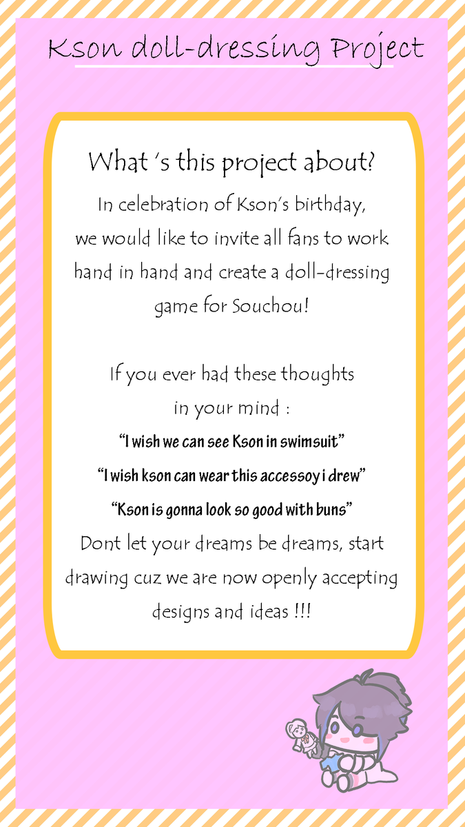 v_elisaya's tweet photo. 🍕👏KSON'S B-DAY PROJECT!!!!!!👏🍕
【Kson Doll-maker project】
In celebration of Kson's birthday in June, we are currently working on a doll-maker game and WE NEED YOUR PARTICIPATION !

Whether you consider yourself artistic, hop on and draw Kson an accessory or better, anything! https://t.co/AedidpGvkw
