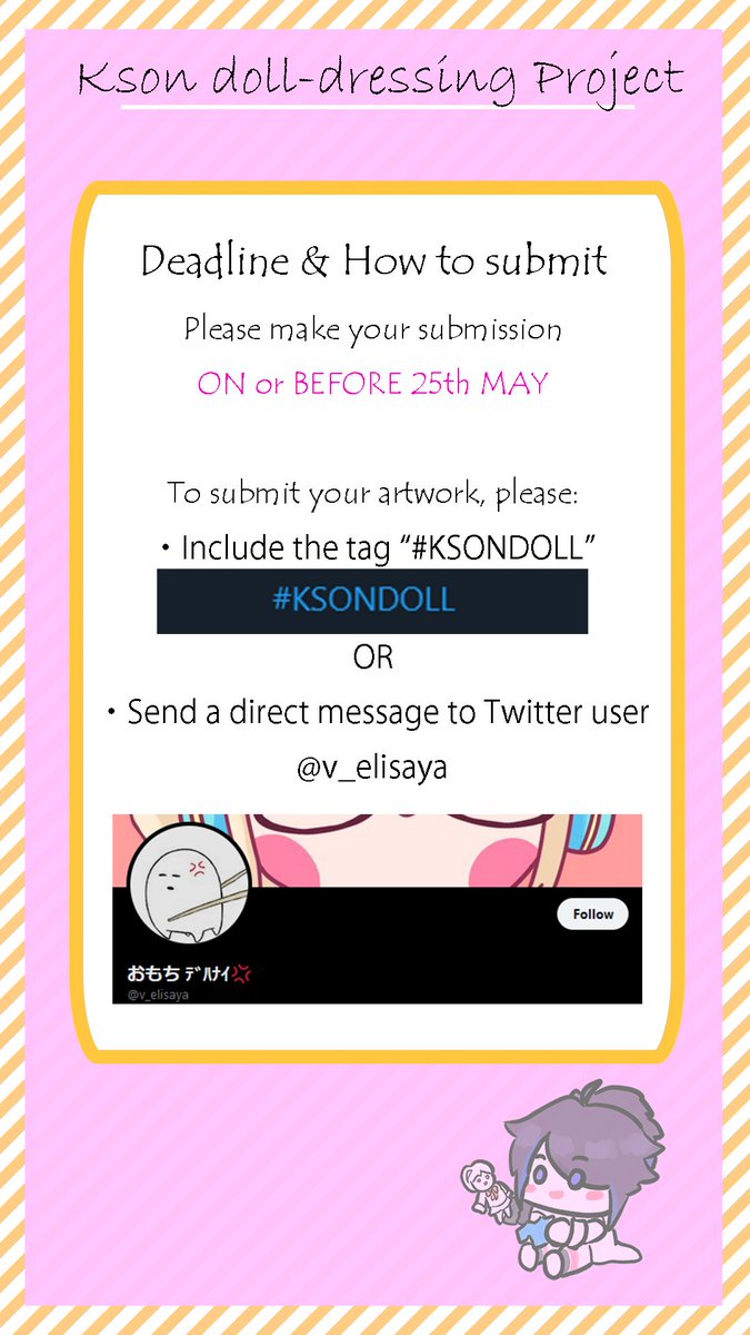 v_elisaya's tweet photo. 🍕👏KSON'S B-DAY PROJECT!!!!!!👏🍕
【Kson Doll-maker project】
In celebration of Kson's birthday in June, we are currently working on a doll-maker game and WE NEED YOUR PARTICIPATION !

Whether you consider yourself artistic, hop on and draw Kson an accessory or better, anything! https://t.co/AedidpGvkw