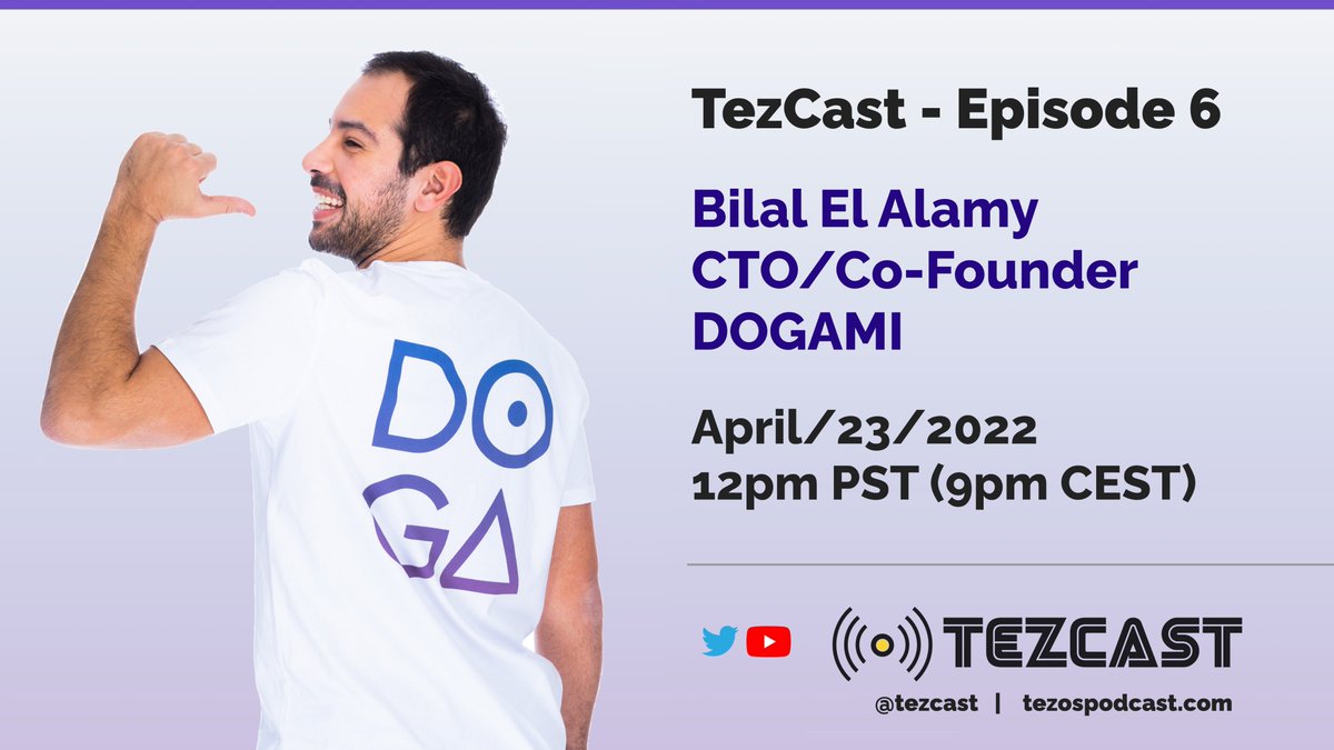 TezCast's tweet photo. TODAY 12pm PST 9pm CEST: We're talking with Bilal El Alamy, CTO/Co-Founder of Dogami (@Dogami) — currently the most successful project in Tezos history. Bilal (@bilalelalamy) and Kevin (@KMehrabi) discuss NFTs, DeFi, and the future of Tezos. #Tezos https://t.co/3AJO6AqqFX https://t.co/6Sm37PY8KJ