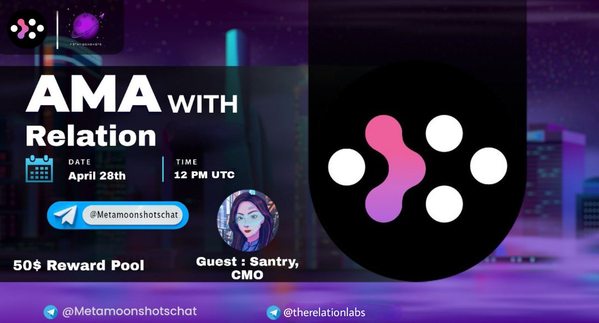 Join the #metamoonshots #AMA with <a href="/relationlabs/">Relation</a>!

⏰ Date: 12 PM on April 28th 2022(UTC)
📍 AMA Venue: t.me/metamoonshotsc…
💰 Total Rewards:50$ 
 #relationlabs #ama 
Like, Retweet and ask your questions on this tweet and same will be picked up during the AMA.