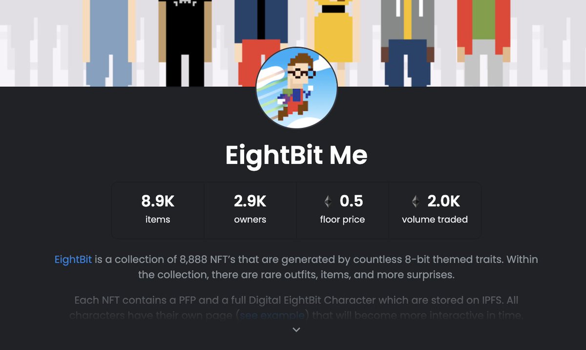 Congrats to the <a href="/eightbit/">EightBit</a> community and team on 2000 eth volume(.5eth floor is cool too 😅). The past few days have been insane but were a product of all the work they put in the last month! Or I guess 10 years you could say! 

Special shout out to <a href="/snow_nft/">snow.eth ❄️</a> for putting me on!