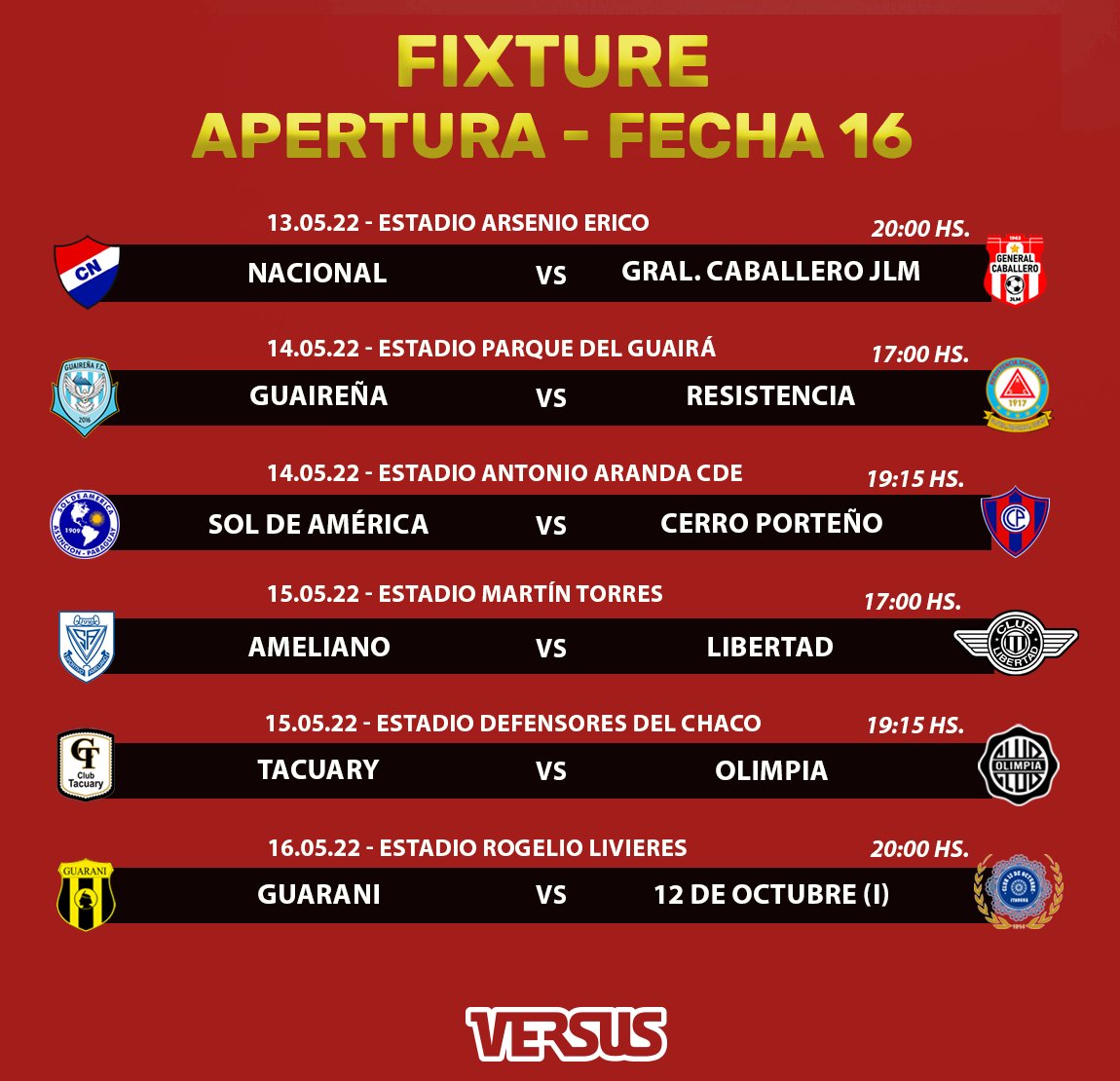 🏆APERTURA

🏃La #APF programó las fechas 13, 14, 15 (adelanto) y 16.

⚽️Desde el 29 de abril al 16 de mayo se jugarán un total de 24 cotejos.

✍️¡Tomá nota! 

#VersusRadio <a href="/Universo970py/">Universo 970 AM</a>