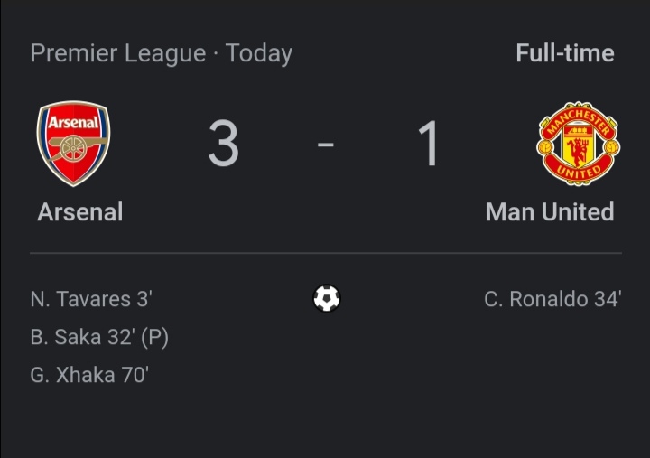 iamsexyjoe's tweet photo. FT- 3-1, any comment? If i hear pim from Manchester United fans eh😁 oh i forgot, dem no get mouth. #gunners #ARSMUN #another3points #top4 #epl #thisscoreboardisfineooo👇😁 #UCL #letmegoandenjoymaself🍸🍾 https://t.co/RkAV1Nf44q