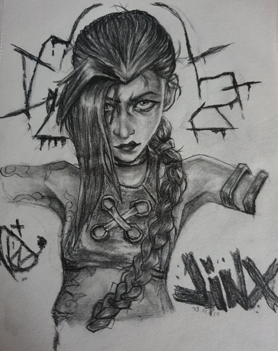 ✴️Hey :) I finished a drawing of Jinx from League✴️

🖤💜Thanks so much for the overwhelming support from all of you guys! Really appreciated moots💜🖤

Will try to work on more stuff digitally now c:
#art #artmoots #artistsontwitter #traditionalart #LeagueOfLegends #Arcane