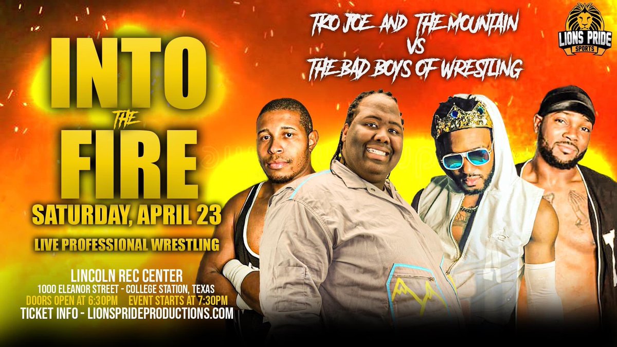 LionsPrideTX's tweet photo. TONIGHT at #IntoTheFire, it’s a night of tag team action! 

🔥New Singles Champs Chavy &amp; Valero v MATHAYUS &amp; Outlaw 

🔥Dell &amp; Durden v Alexander and SHIMBASHI

🔥TKO Joe &amp; Mountain v Kool Daddi &amp; Rodzilla

🔥Onslaught v HASTUR https://t.co/iQwNYT533M