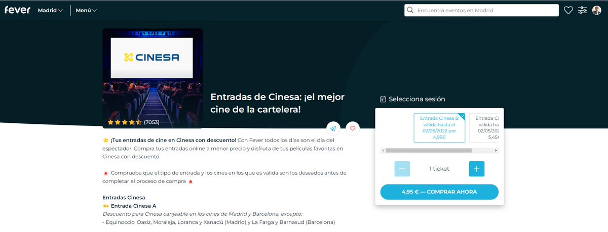 Hola <a href="/fever_es/">Fever ES</a>, ¿me podéis explicar por qué razón no cuadran los cines válidos de <a href="/Cinesa/">Cinesa</a> cuando voy a canjearlos en su página web? Según vosotros, el CC Heron City Las Rozas, sería válido, pero no lo ha sido. ¡Gracias!