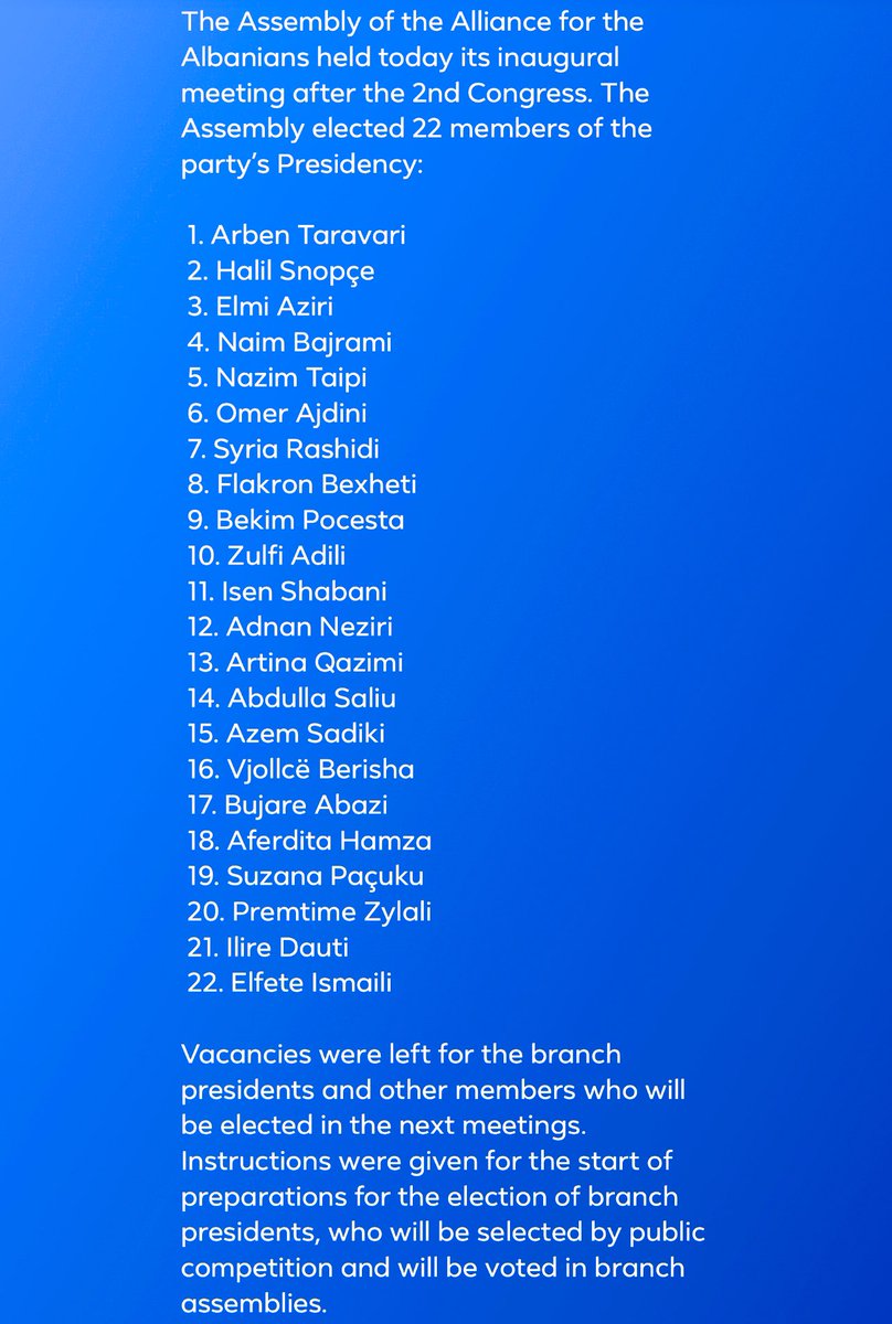 Main outcomes of the first meeting of the Assembly of the Alliance for the Albanians: election of 22 members of the Presidency and initiation of the election for local branches chairpersons.