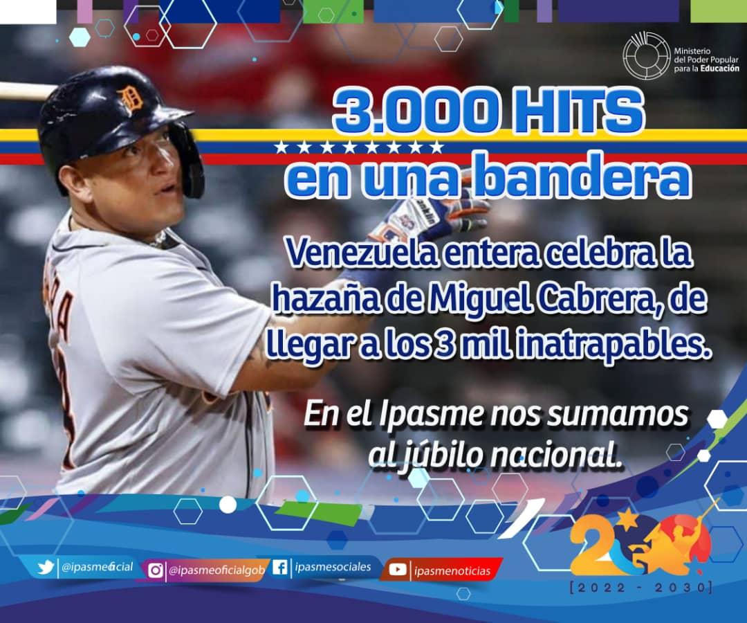 IpasmeOficial's tweet photo. #MiguelCabrera // En 147 años han pasado más de 20 mil peloteros por las Grandes Ligas. Este venezolano de Maracay se convierte en el número 33 con 3 mil hits.
Pero además, se convertie el séptimo con esa cantidad de incogibles y 500 cuadrangulares.

¡Orgullo Nacional! https://t.co/A6ZZSOboKq