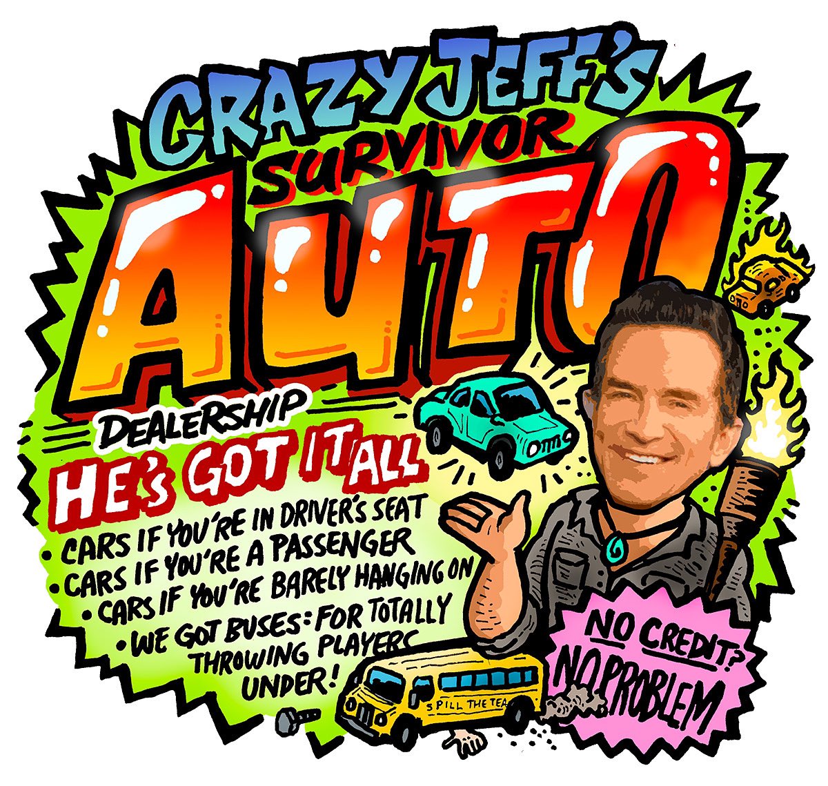 ErikReichenb4ch's tweet photo. EVERYTHING MUST GO 🚗 Crazy Jeff is pushing the Car Metaphors hard in this week’s #survivor comic! 🚙 Read the episode recap by @tomsantilli on @Realitytea now #realitytv #reality #tv #tvblogger #survivor42 #dabudoodles #comic Full story here: https://t.co/xZyNLid61N https://t.co/dPCtq1ieU1
