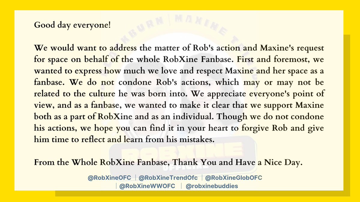From the whole RobXine Fanbase. Please read the statement attached regarding the issue circulating about Maxine and Rob.

#RobXine #RobBlackburn #MaxineTrinidad